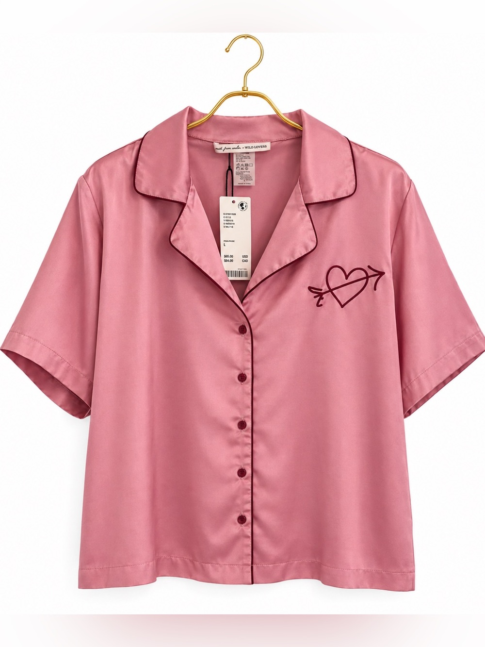 Out From Under x Wild Lovers Pink Pajama Shirt Button Down Heart Satin Large